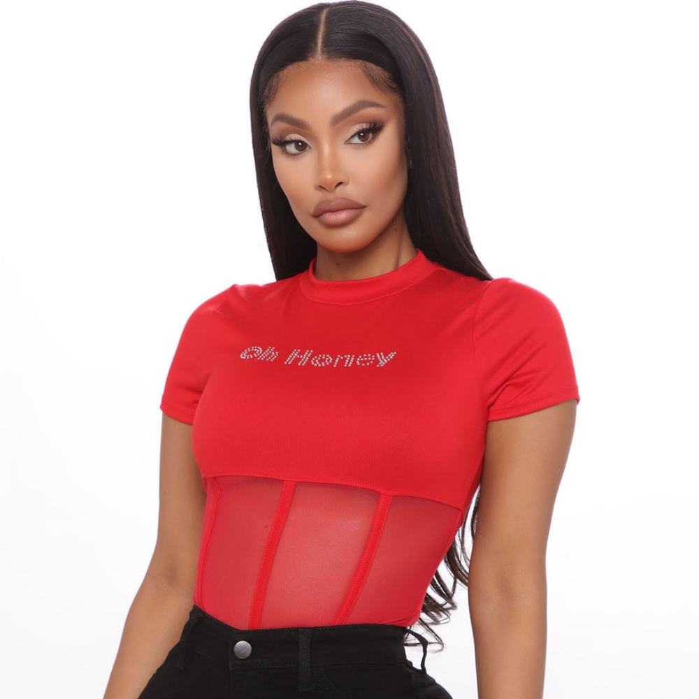 Red rhinestone Honey Bodysuit